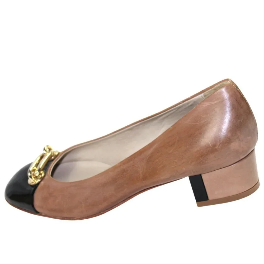 AGL Attilio Giusti Leombruni Taupe Black Cap Toe Buckle Leather Flats, Size 36.5